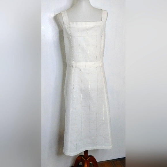 LINEN COTTON BLEND DRESS WITH GOLD WINDOWPANE PATTERN - Picture 1 of 10